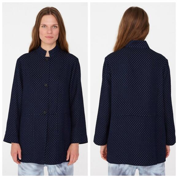 Raquel Allegra Jaquard Navy Blue Diamond Print Buttoned Blazer Coat Jacket Small - Picture 1 of 16